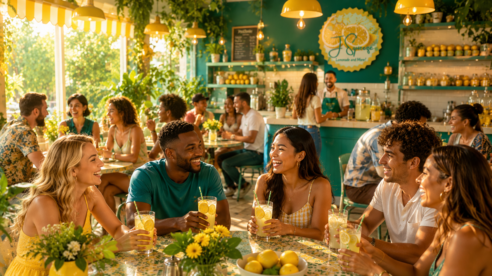 People enjoying drinks and conversation at a sunny, tropical-themed restaurant or cafe decorated with lemons, flowers, and green plants.