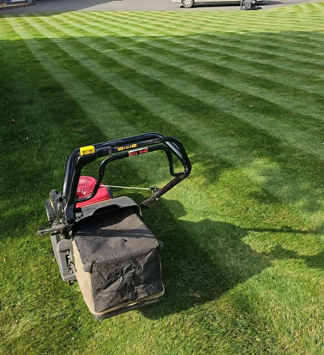 A lawn care machine on a grassy area with freshly mowed lawn, green grass, and a trailer in the background.