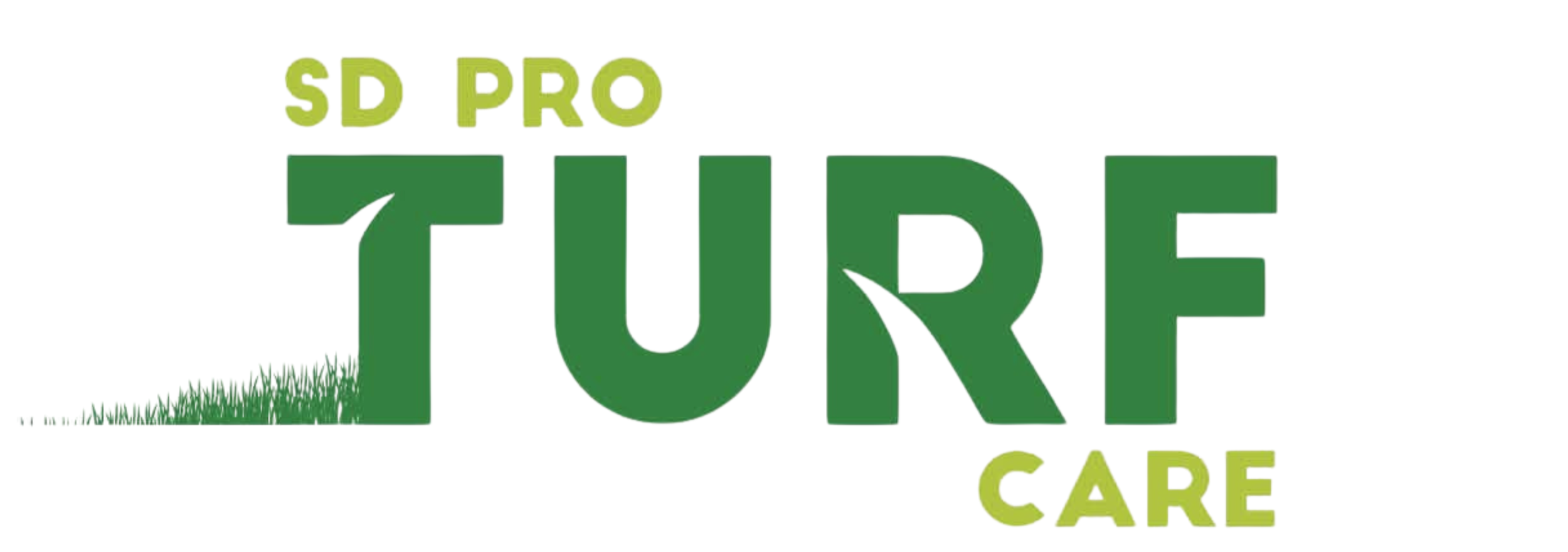 Logo for 'Turf Care' featuring the words in green and lime green text, with a patch of grass under the 'T' in 'Turf'.