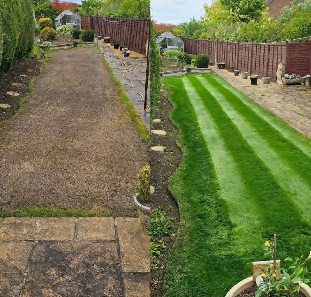 Side-by-side comparison of a backyard before and after landscaping. The left shows a bare dirt path with minimal plants, and the right displays a lush, green, striped lawn with a stone patio and garden area.