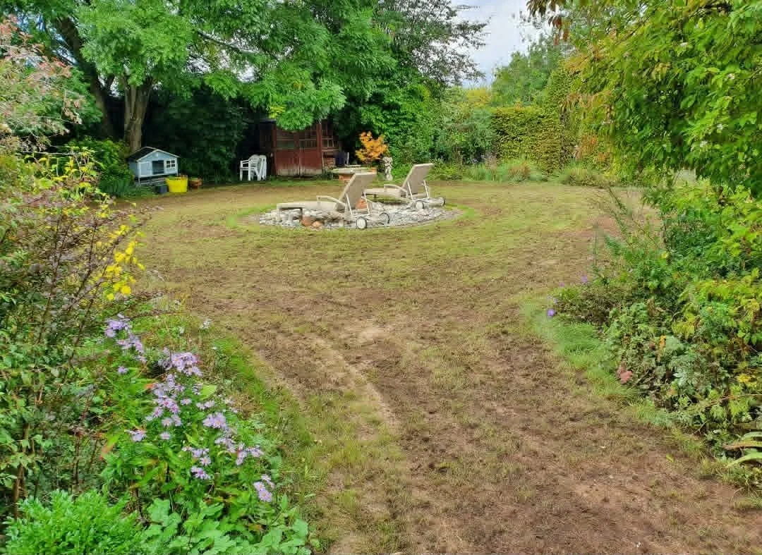 A backyard with a cleared patch of ground, surrounded by green bushes, trees, and flowering plants. There are lounge chairs near a fire pit, and a small playhouse with a yellow bucket nearby.