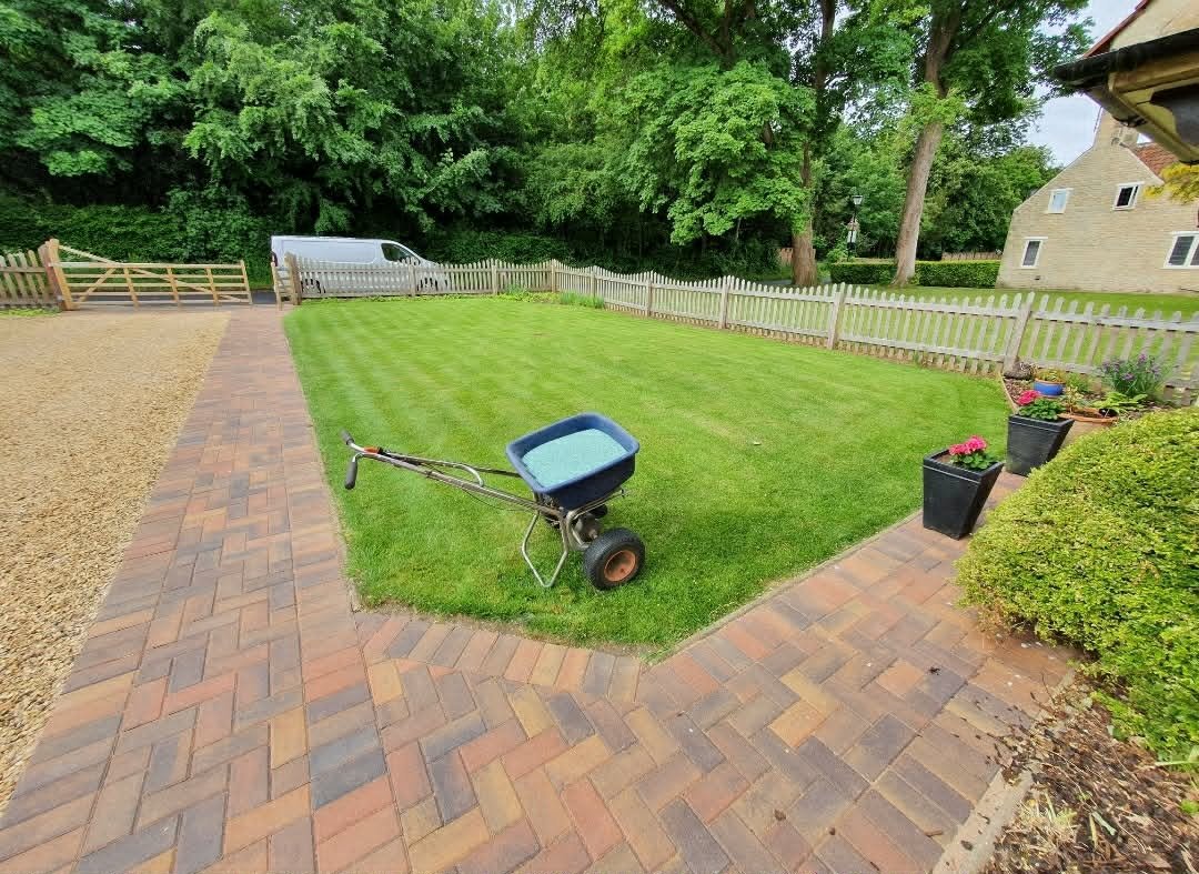 A backyard with a brick patio, a neatly mowed lawn, a wheelbarrow, and potted flowers, surrounded by a wooden fence and trees.