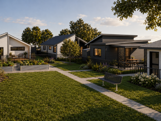 Residential outdoor scene with modern houses, a grassy lawn, a pathway, benches, and trees under a partly cloudy sky