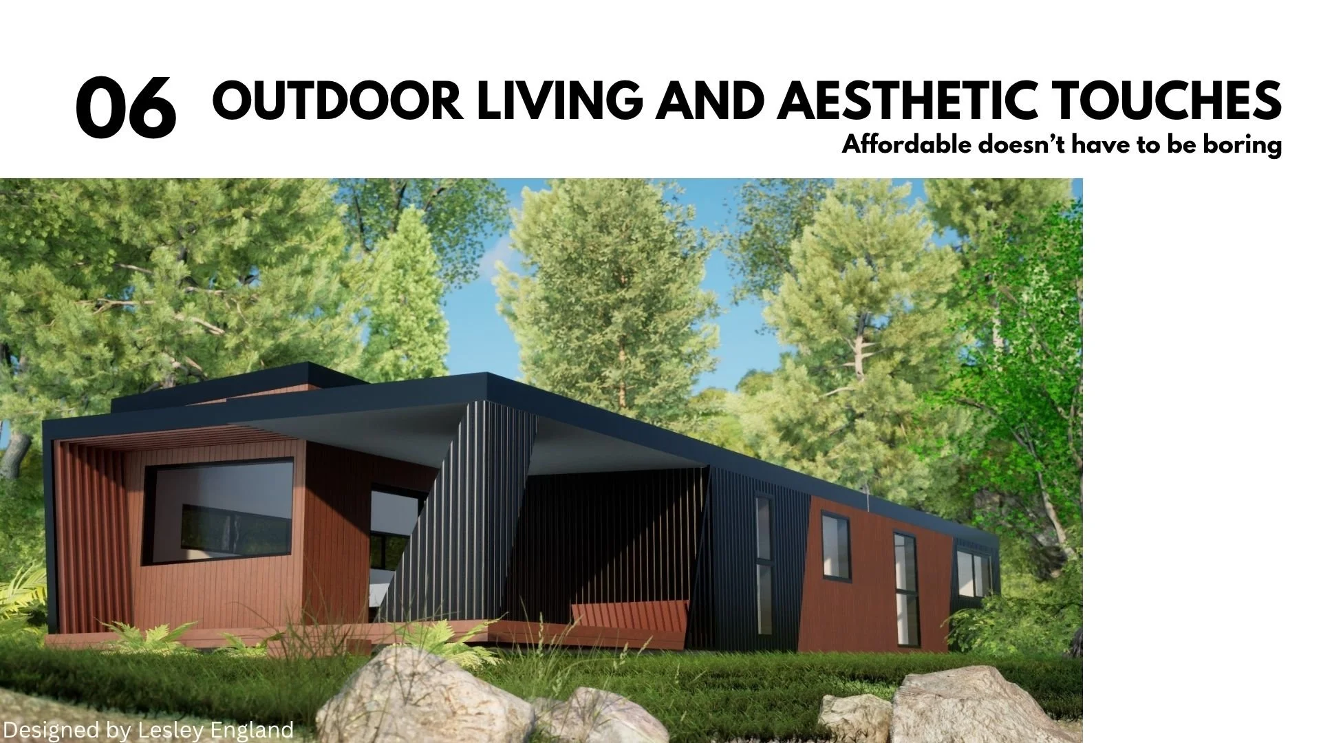 Modern house with angular design in forest setting, surrounded by trees and rocks.