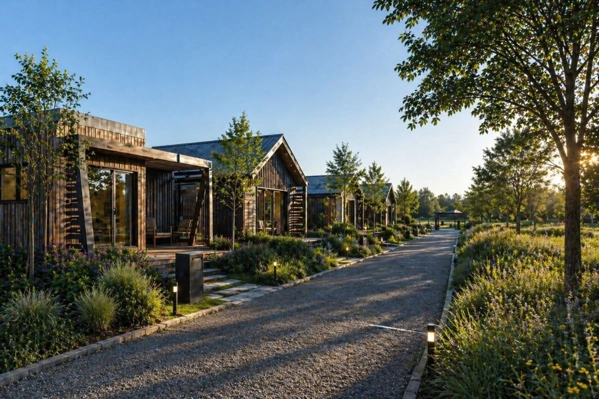 Row of modern wooden houses with front porches, surrounded by landscaped gardens and trees, under a clear blue sky, during sunset.