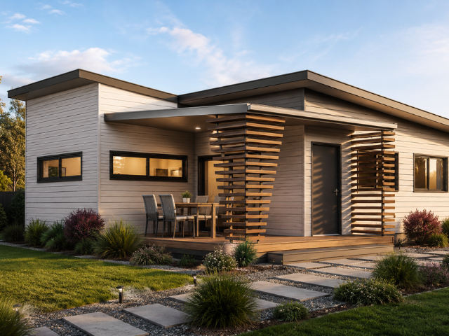 Modern house with wooden exterior, outdoor patio with dining furniture, landscaped garden, and stone pathway