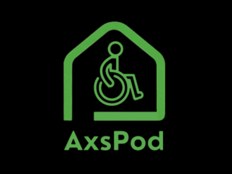 Green logo featuring a person in a wheelchair inside a house outline with the text "AxsPod" below.