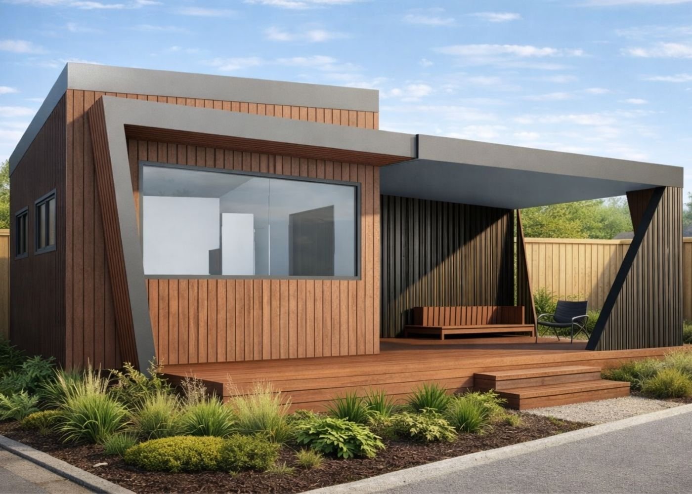 Modern tiny house with a wooden exterior, large glass window, and an outdoor deck with seating, enclosed by a wooden fence and landscaped with plants.