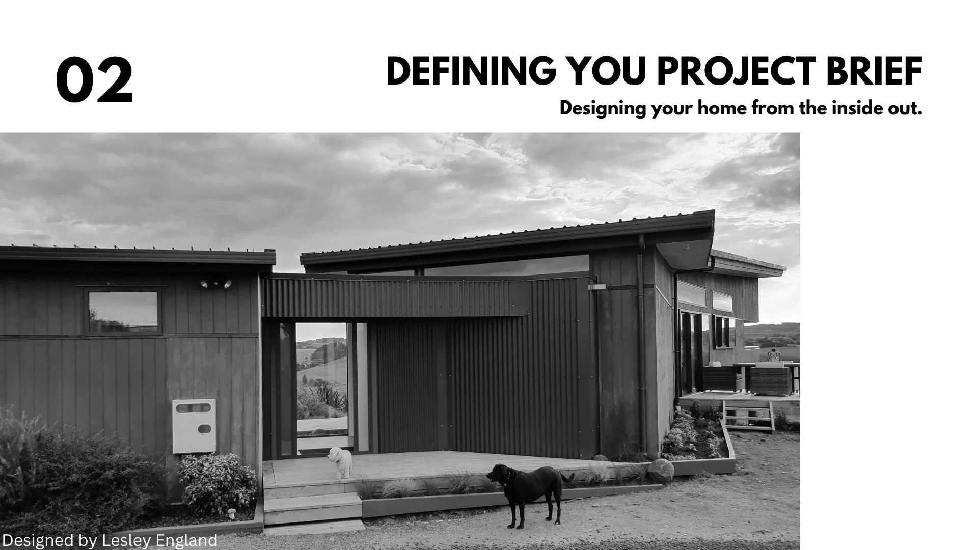 Black and white photo of a modern house with a deck and outdoor furniture. Two dogs are in the yard, one white and one black. A cloudy sky is above.