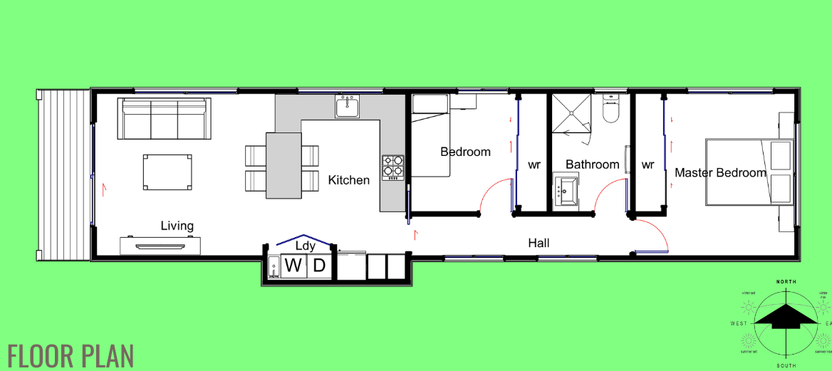 A floor plan of a single-story house with a green background, showing a living room, kitchen, laundry area, two bedrooms, two bathrooms, and a hall connecting the rooms.