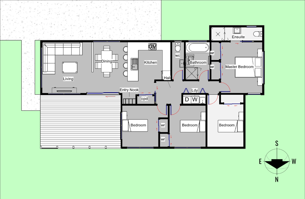 A floor plan of a house showing various rooms including living room, dining area, kitchen, bedroom, master bedroom with ensuite, bathroom, laundry room, and outdoor patio. The layout includes a north-facing entrance, outdoor green space, and a compass indicating directions.