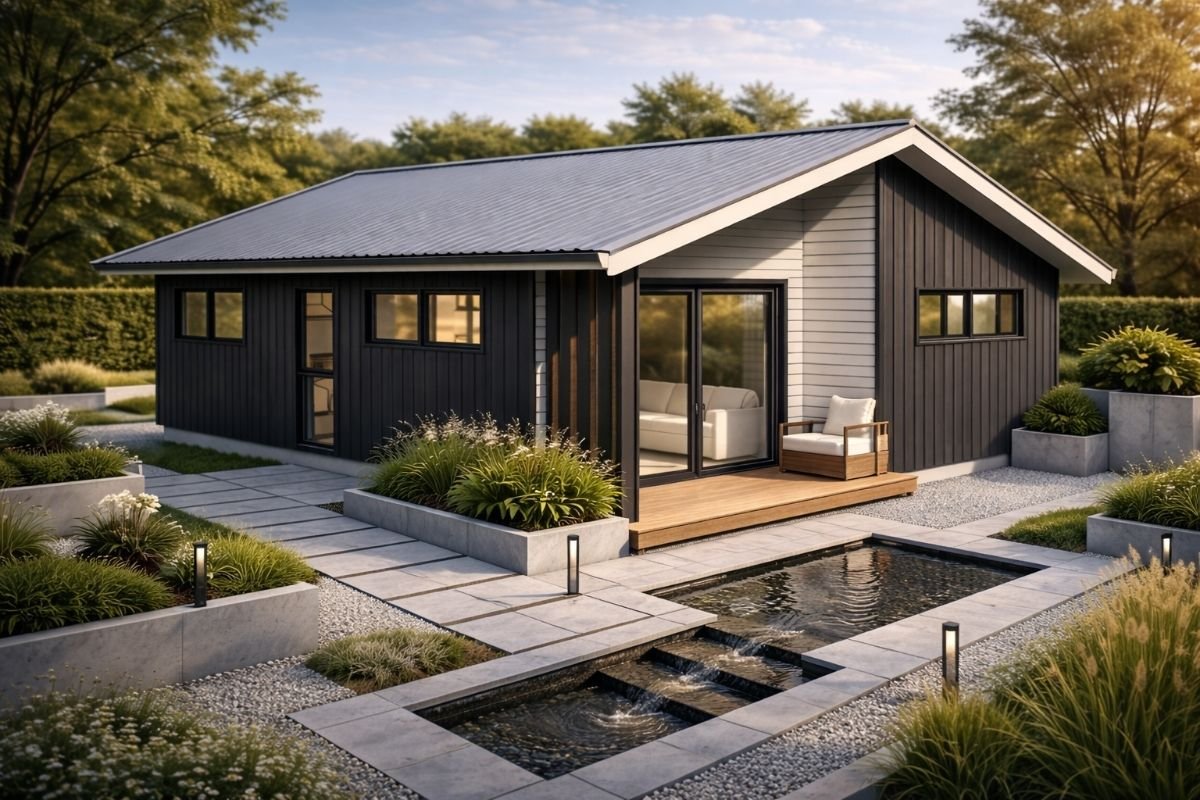 A modern black and white house with a metal roof, surrounded by landscaped garden with plants in concrete planters, a small pool, and stepping stones. The house has large sliding glass doors and windows, with outdoor seating on a wooden patio.
