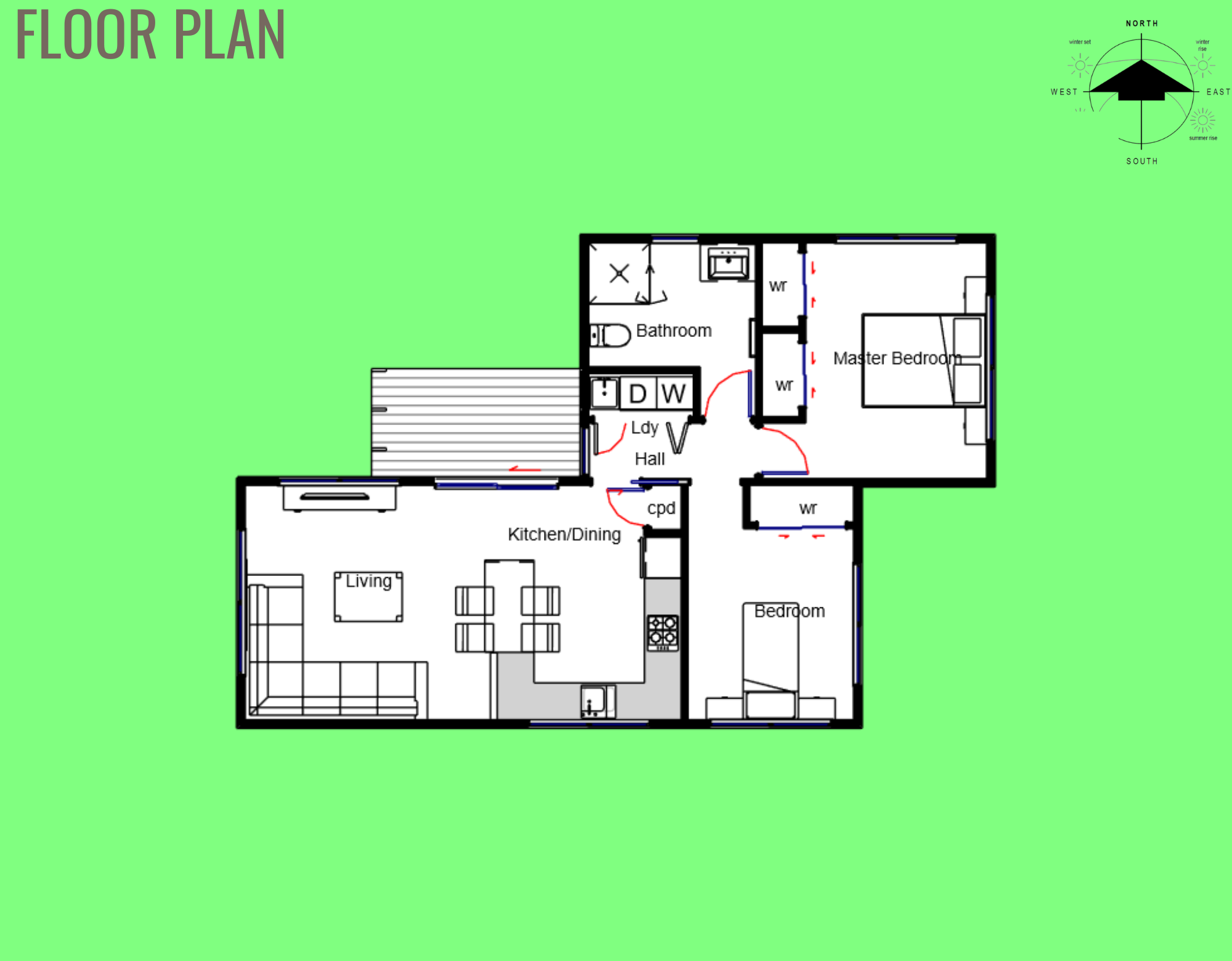 Floor plan of a house with rooms including living room, kitchen, dining area, bedrooms, bathroom, laundry room, and outdoor deck, displayed on a green background with a compass symbol.