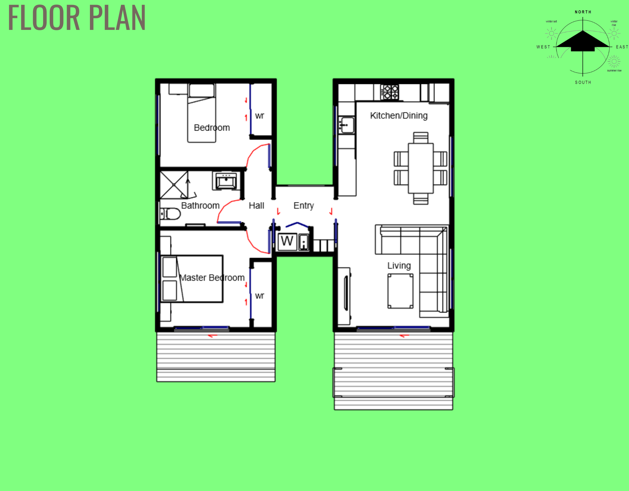Floor plan of a house showing rooms including living room, kitchen and dining area, bedrooms, bathroom, laundry, and entry area, with exterior decks and a green background.
