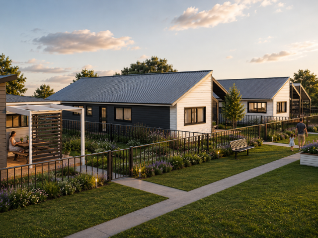 A residential outdoor area with modern houses, a bench, a walkway, and people walking with children in a landscaped garden during sunset.