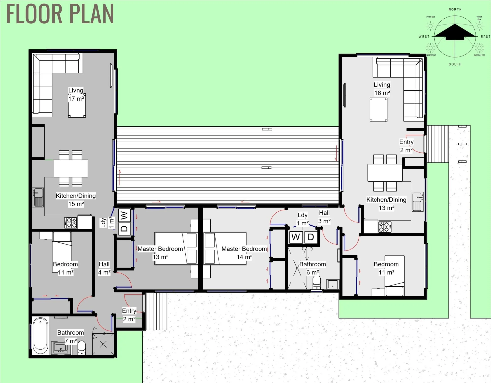 Floor plan layout of a house with labeled rooms including bedrooms, bathrooms, kitchens, living rooms, laundry areas, and entryways, with room sizes specified in square meters.
