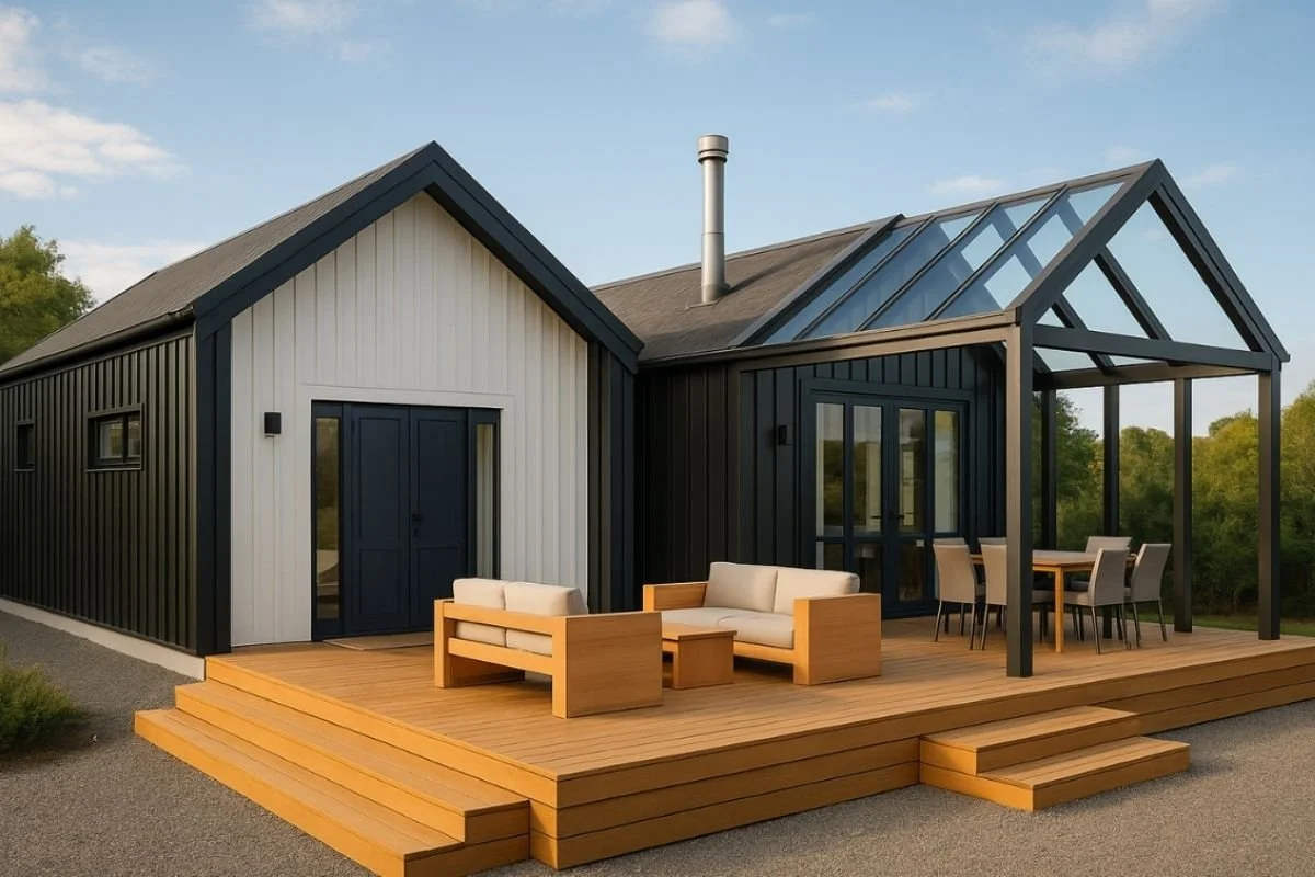 Modern house with black and white exterior, large glass windows, a distinct sloped roof, and a spacious wooden deck with outdoor furniture including sofas and dining table.
