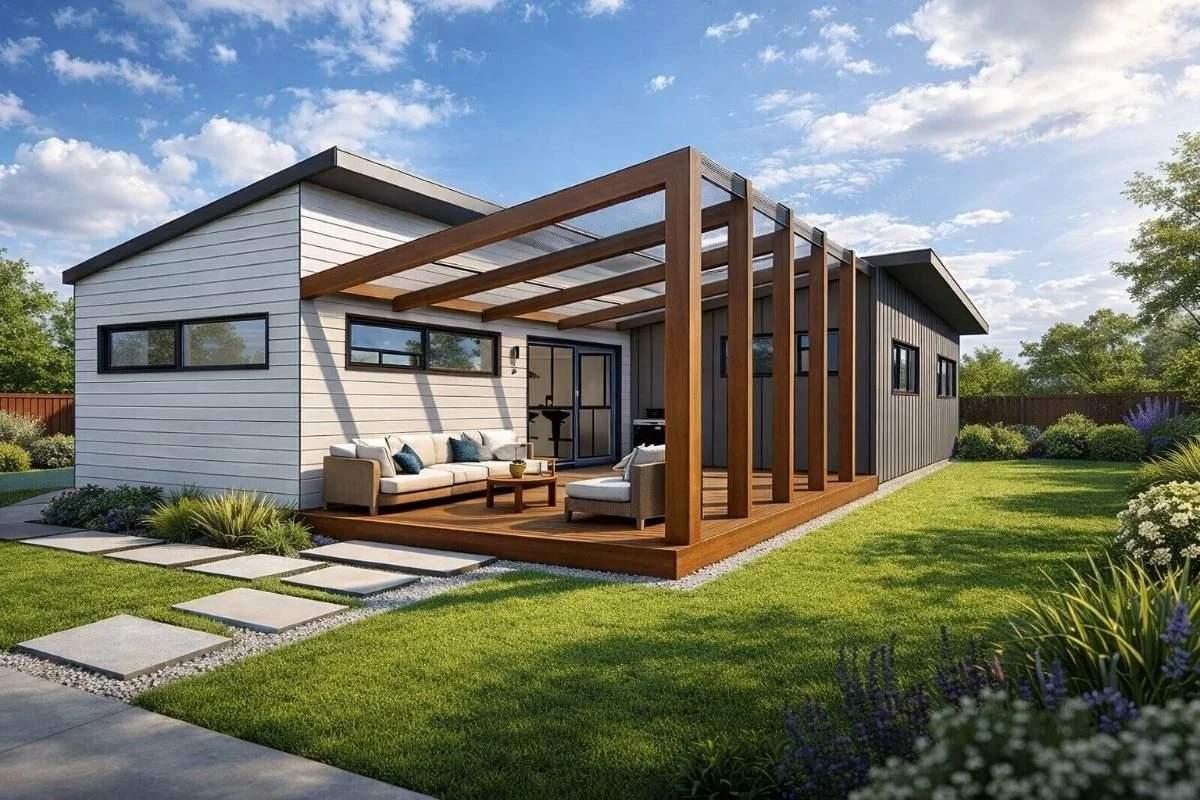 A modern house with a wooden patio and garden, featuring outdoor seating and a pergola structure, under a partly cloudy sky.