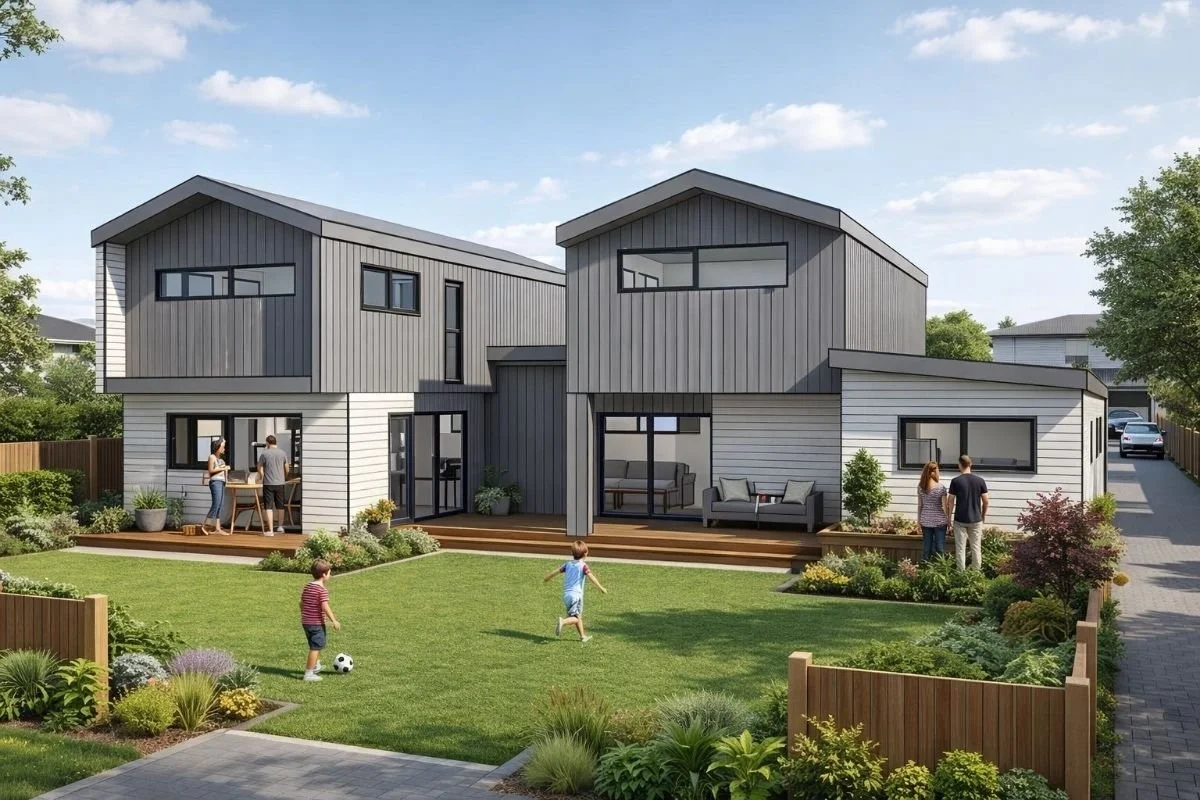 Modern two-story house with gray and white siding, large windows, and a landscaped yard with children playing and adults socializing.