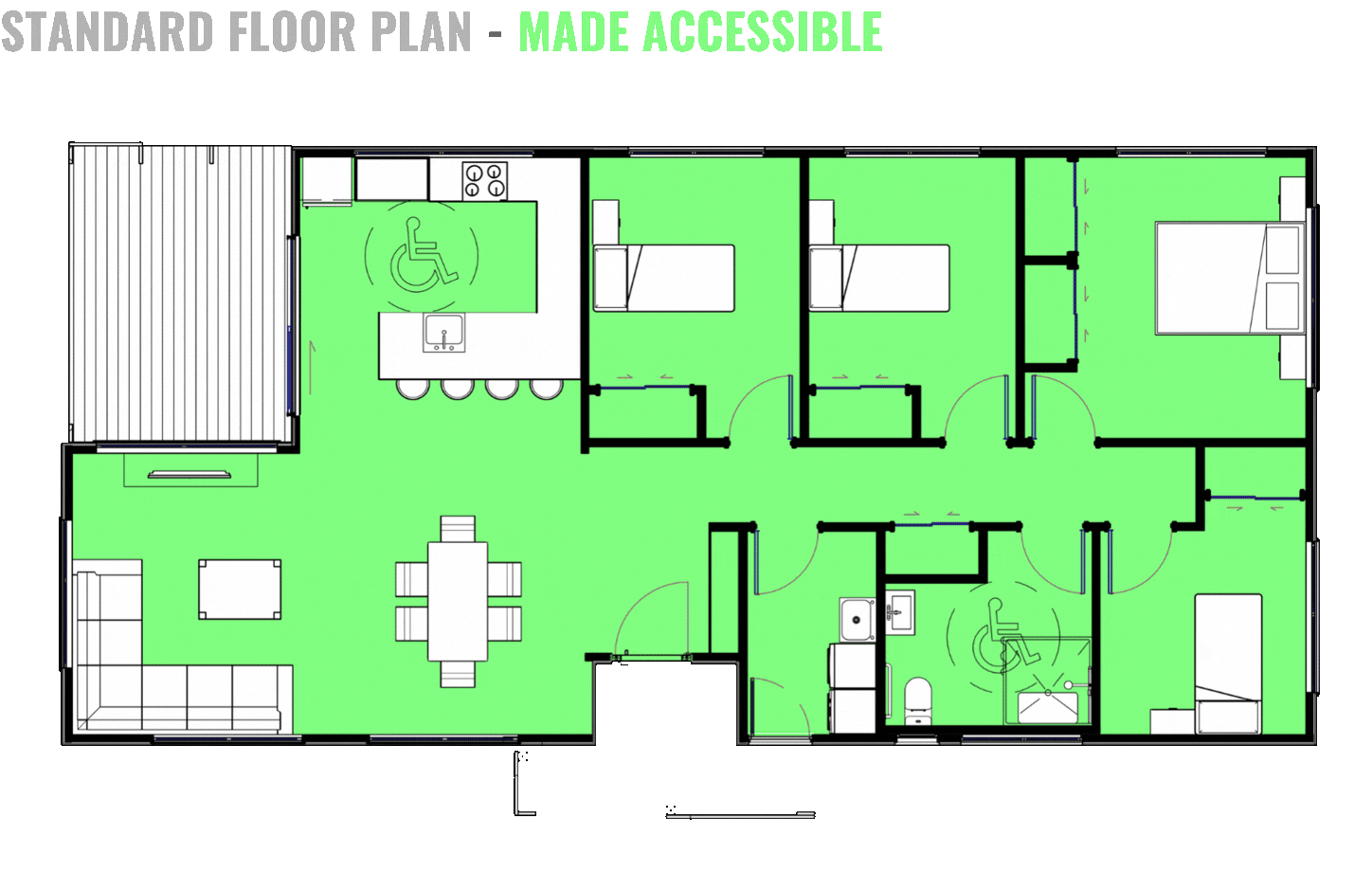 Floor plan of a home with accessible features in green, including three bedrooms, two bathrooms with accessibility features, a kitchen, living room, and dining area.