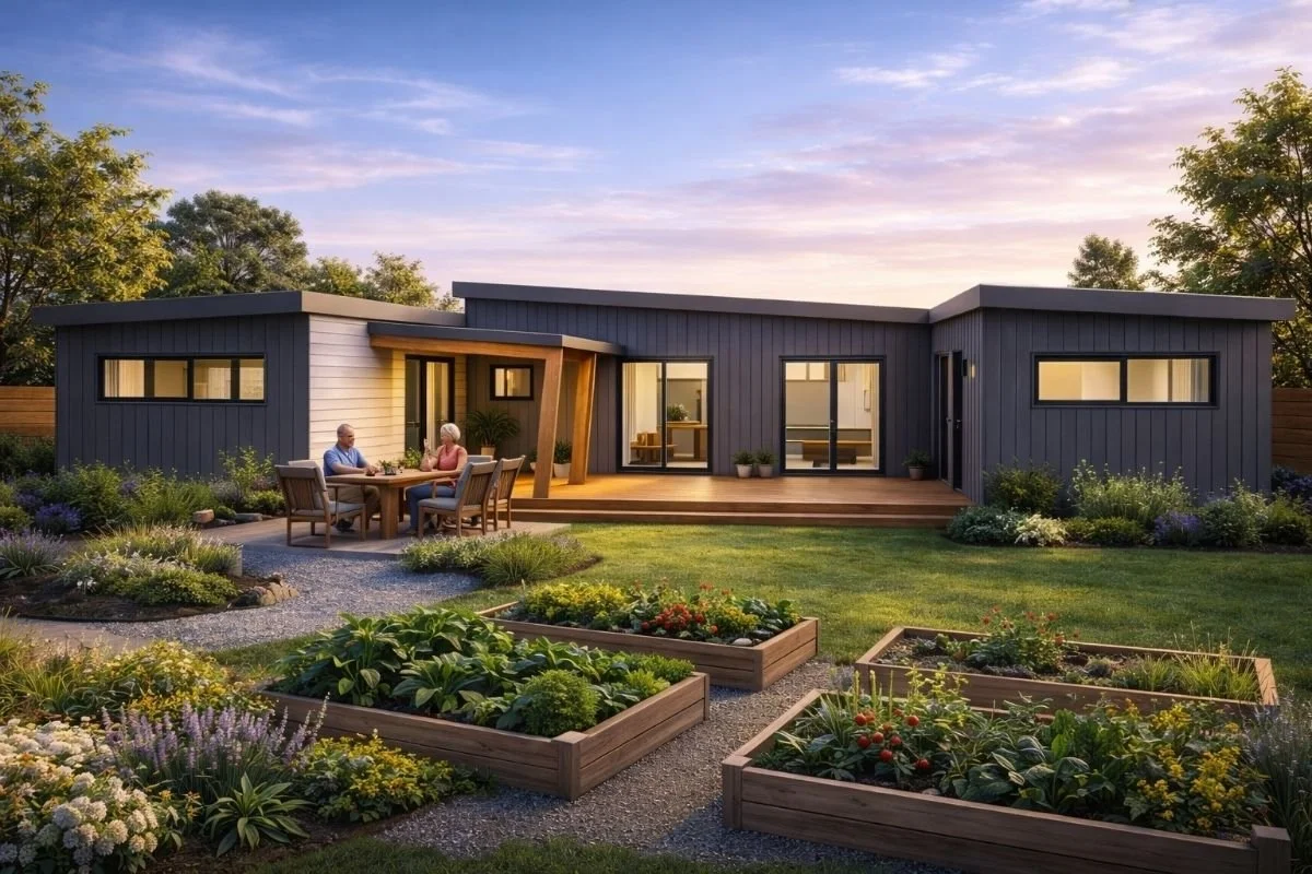 Modern house with large windows and a backyard garden with raised flower beds and a wooden deck, with two people sitting at an outdoor table during sunset.