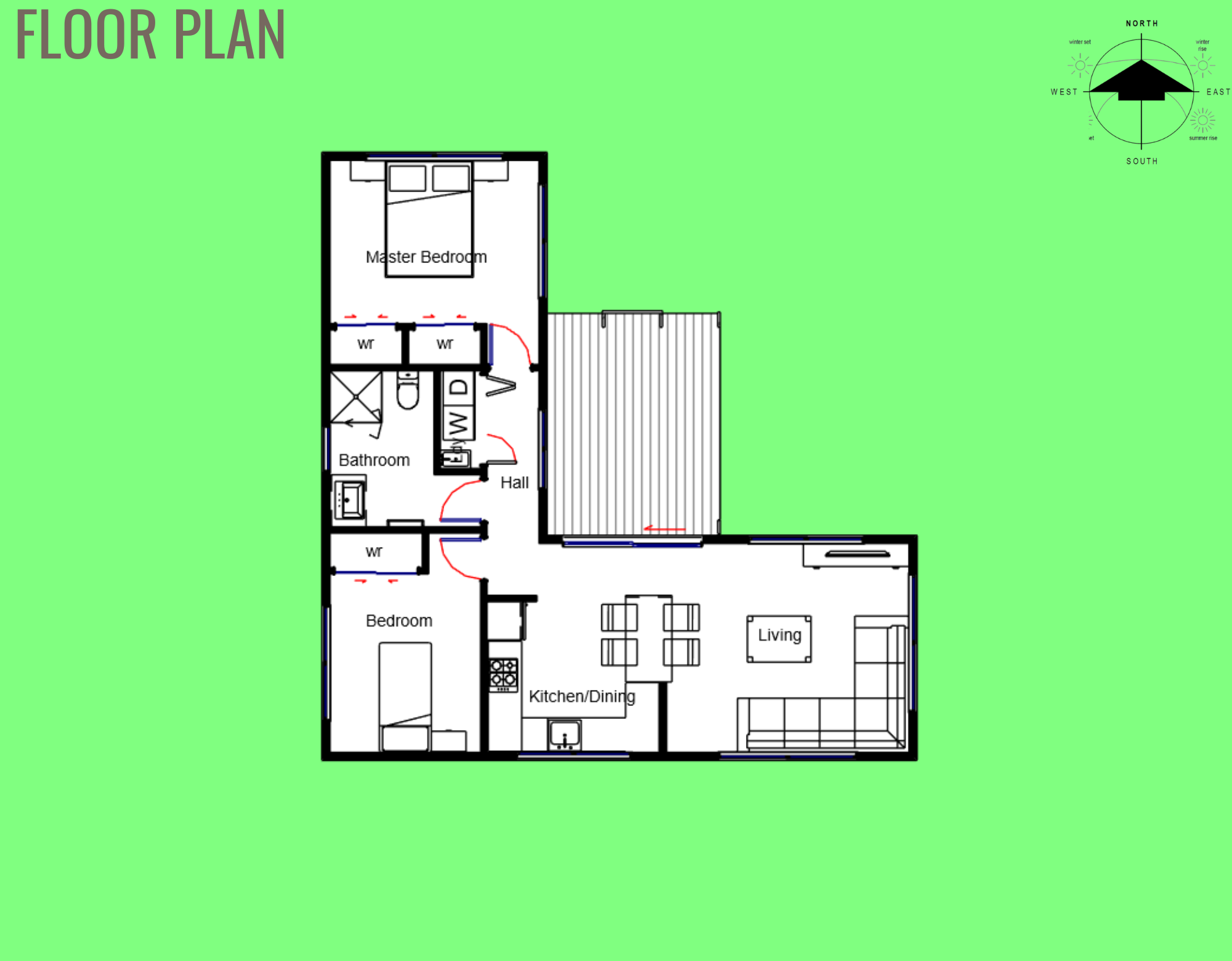 Floor plan of a house with labeled rooms including master bedroom, bedroom, bathroom, hall, kitchen/dining, and living room. The layout features a deck or patio area outside.