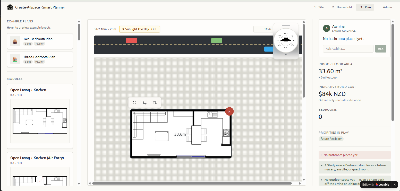 Online home design planning interface showing a 33.6 square meter open living room and kitchen layout with furniture arrangement, window placement, and a compass for orientation.