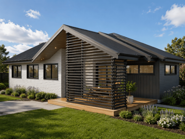 Modern house with a sloped roof, white and dark gray exterior, and a wooden deck with a slatted privacy screen, surrounded by a green lawn and landscaped garden.