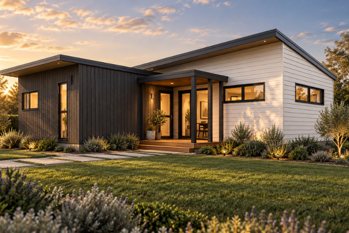Modern houses with black and white exterior, front porch with steps, surrounded by well-maintained lawn and landscaping, during sunset.