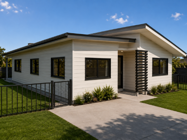Modern single-story house with white exterior, black trim, black windows, and a small front garden with bushes, surrounded by a metal fence, under a blue sky.