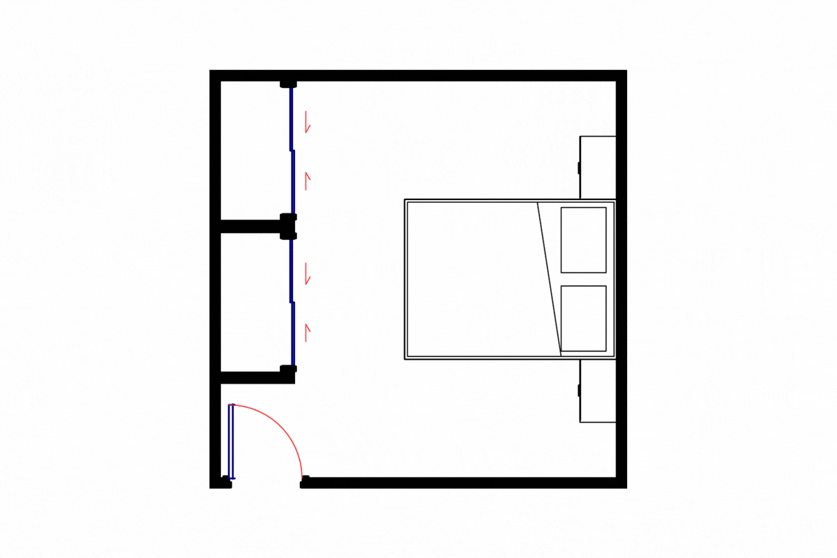 Floor plan of a bedroom with a bed, two nightstands, and closet space, including door and window placements.