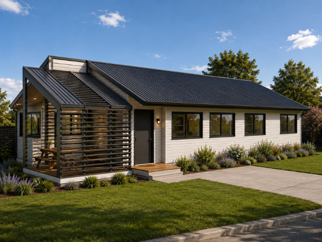 Modern single-story house with a black metal roof, white exterior walls, large windows, a small porch with wooden steps, and a landscaped yard with green grass and purple flowers.