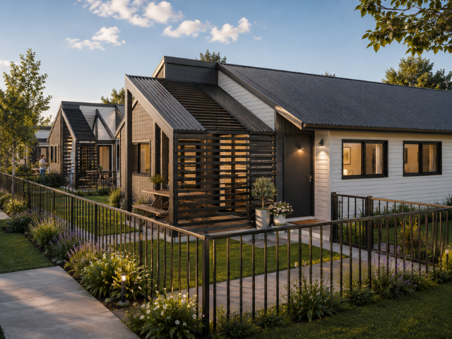 Modern white houses with black accents, surrounded by greenery and flower gardens, at sunset.
