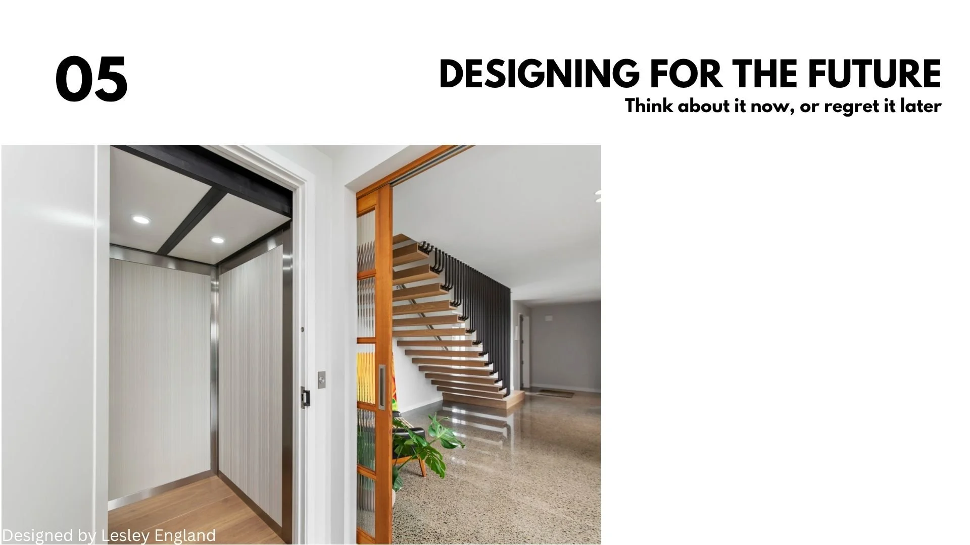 Interior view of a modern house showing an open elevator with metallic interior walls and a staircase with wooden steps and black metal railings.