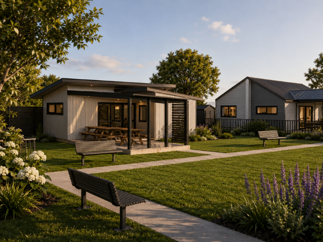 Contemporary garden with small building, benches, flowers, and pathways in an outdoor setting during daytime.