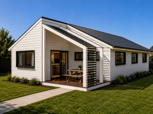 White modern house with a small front porch, large windows, black roof, and a well-maintained lawn.