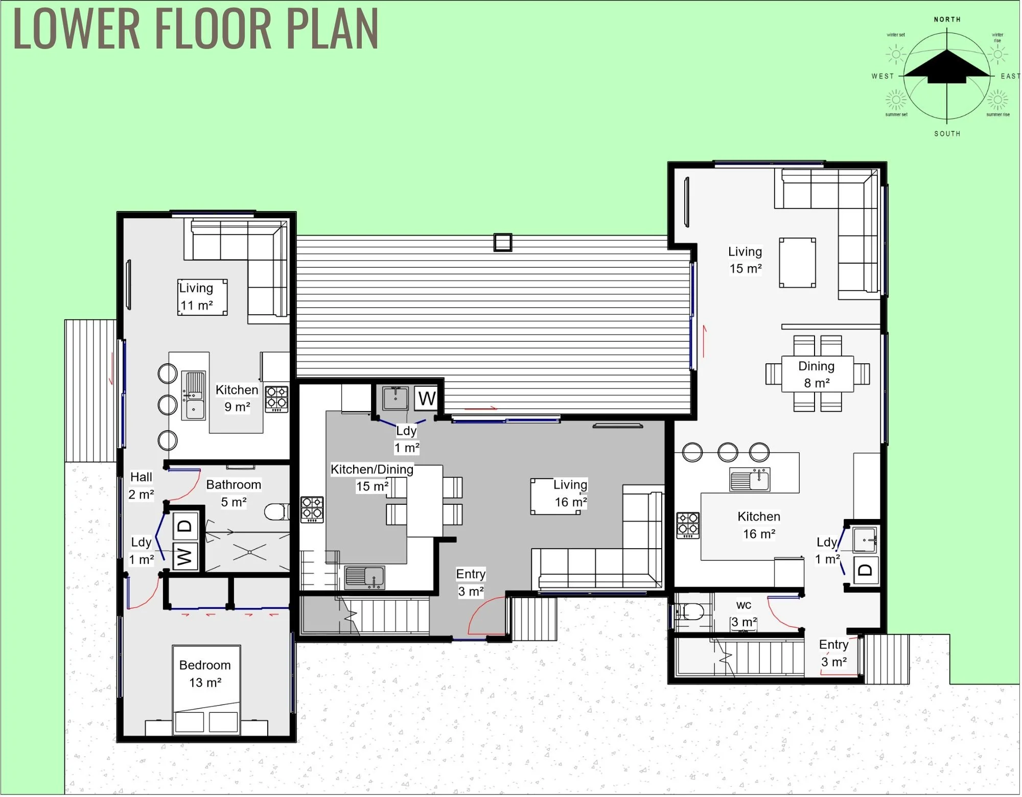 Floor plan of a house showing rooms labeled Living, Kitchen, Bathroom, Bedroom, Entry, WC, Laundry, and various square meter measurements, with outdoor area and directional compass.