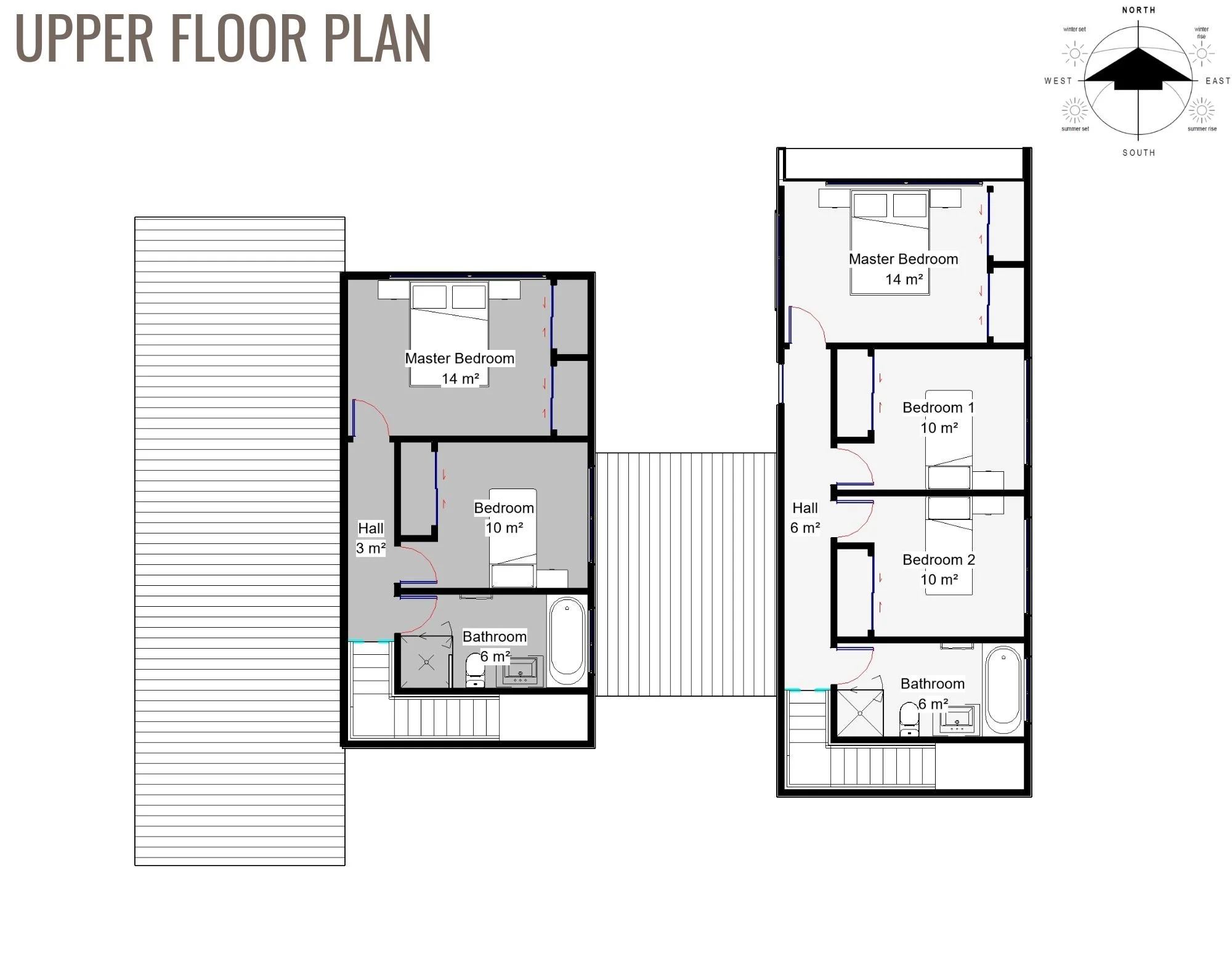 Floor plan of an upper floor including master bedrooms, bedrooms, bathrooms, hallways, and exterior decks.