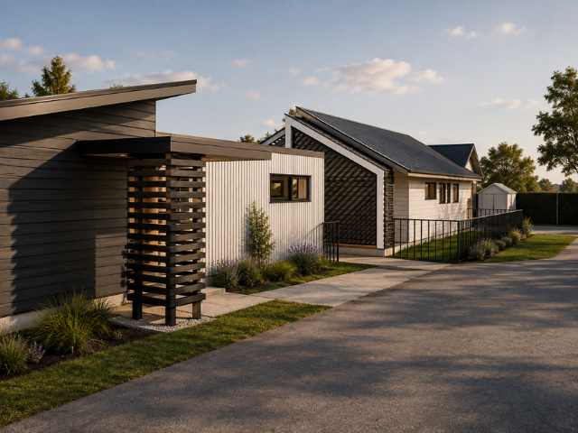 Modern residential buildings with dark gray and white siding, landscaped front yard, paved walkway, and solar panels on the roof, under a partly cloudy sky.