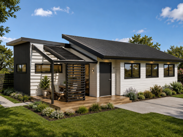 Modern single-story house with white exterior, black roof, and front porch with seating, surrounded by a well-maintained lawn and garden.