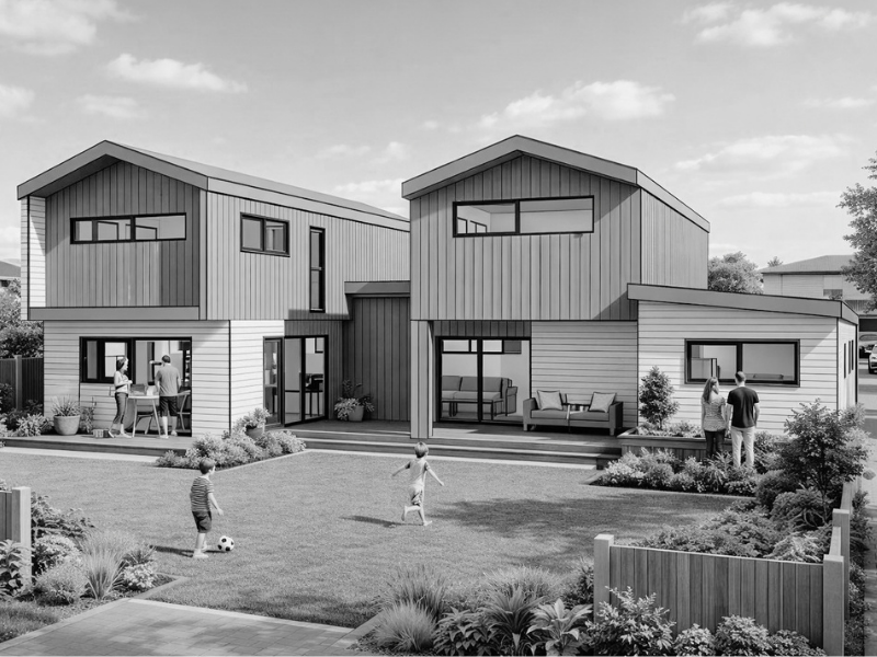 Modern two-story houses with large windows, surrounded by a well-maintained yard where children are playing soccer and adults are socializing.