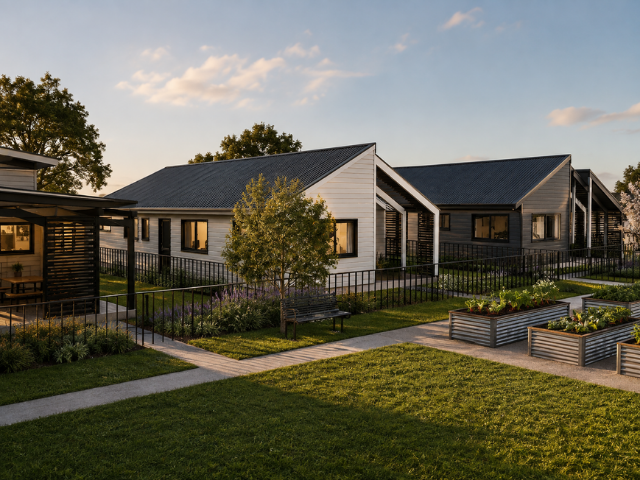 Modern residential buildings with white and dark exterior, surrounded by garden beds, paved walkways, and a green lawn, during sunset.