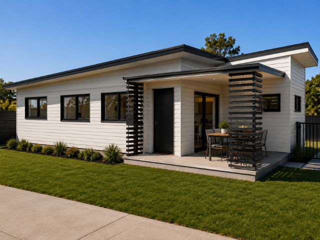 Modern single-story house with white exterior, black window frames, and a small deck with outdoor furniture