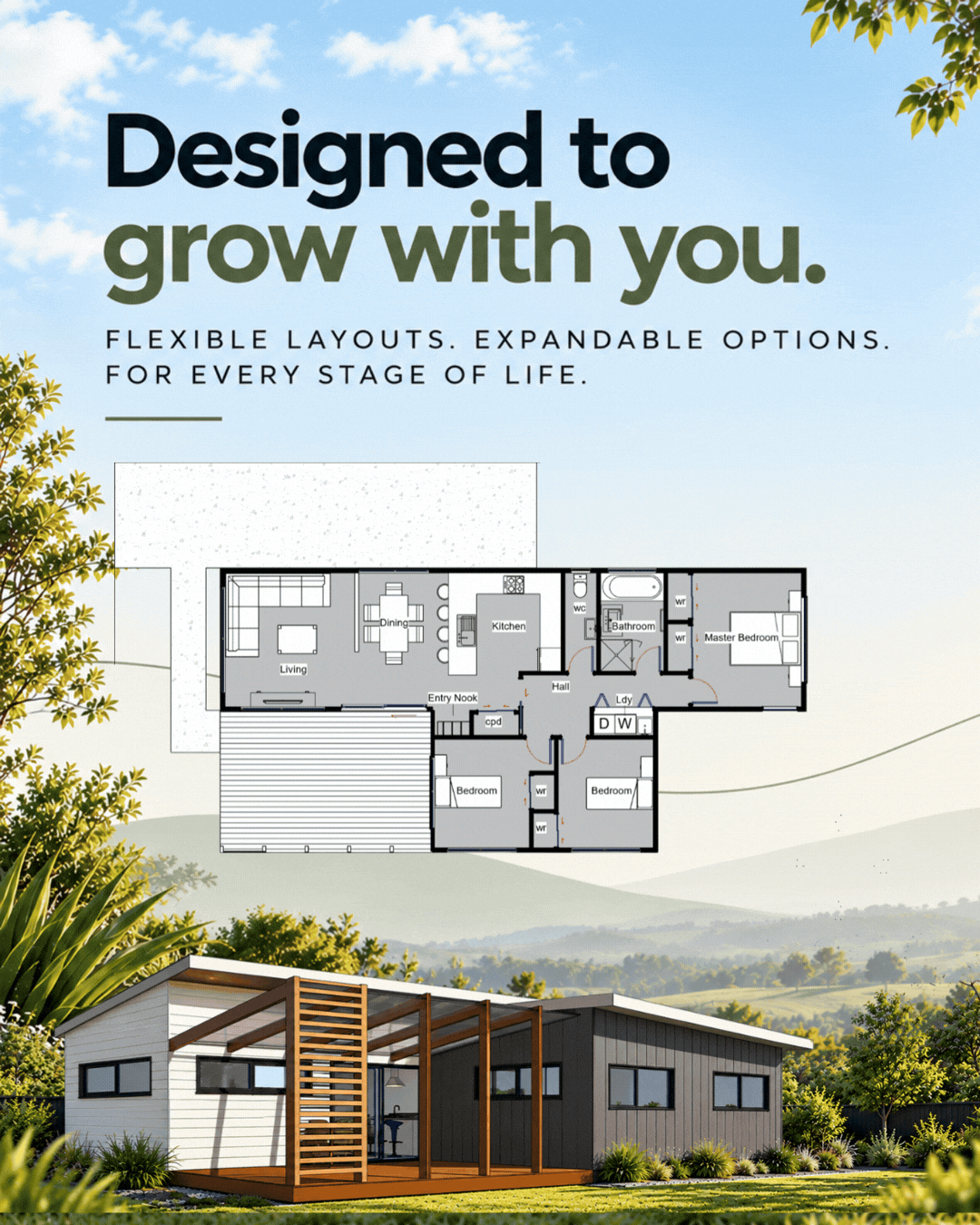Illustration of a house floor plan overlaid on a scenic outdoor background, with a small modern house shown at the bottom, and text promoting flexible, expandable home layouts.
