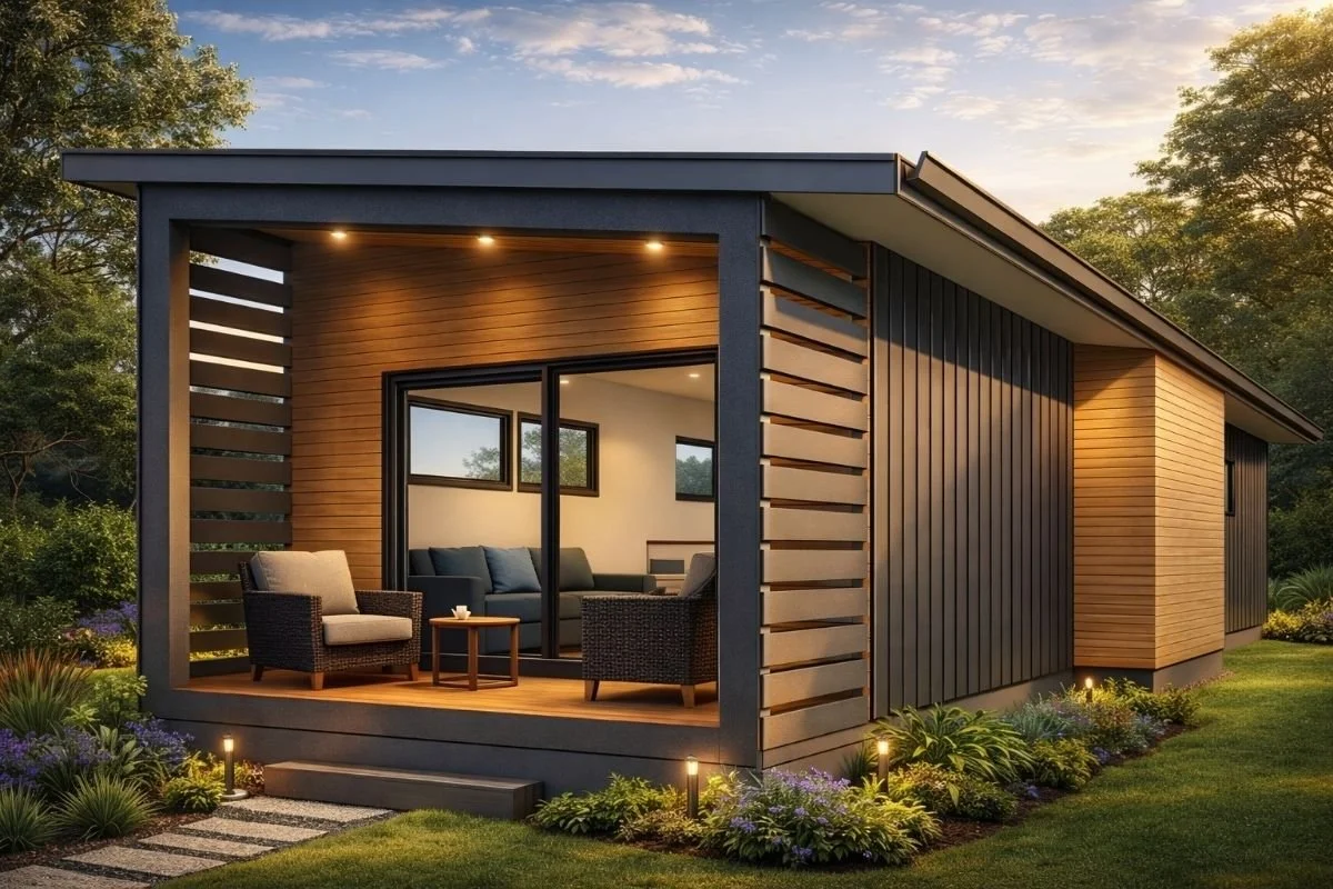 Modern house with a covered porch, outdoor furniture, and surrounding garden, during sunset.