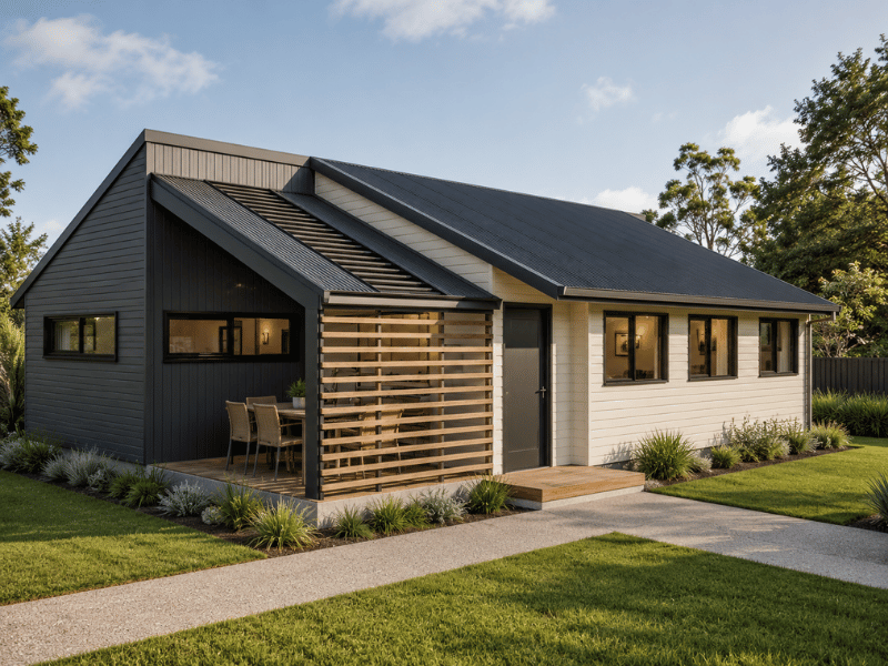 A modern house with a black and white exterior, large windows, and a small wooden porch with outdoor dining furniture, surrounded by a manicured lawn and garden.