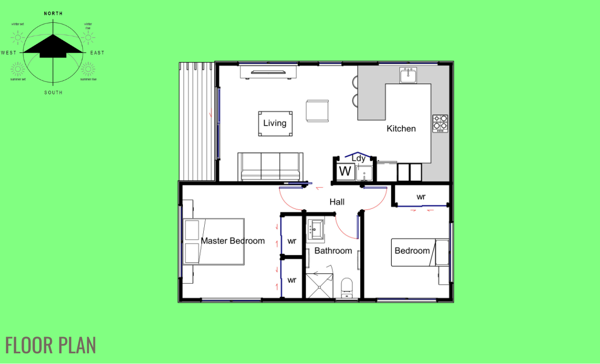 A floor plan of a house with labeled rooms including a master bedroom, bedroom, bathroom, hall, living room, kitchen, laundry, and walk-in storage. An inset compass indicates the cardinal directions, and the background is green.