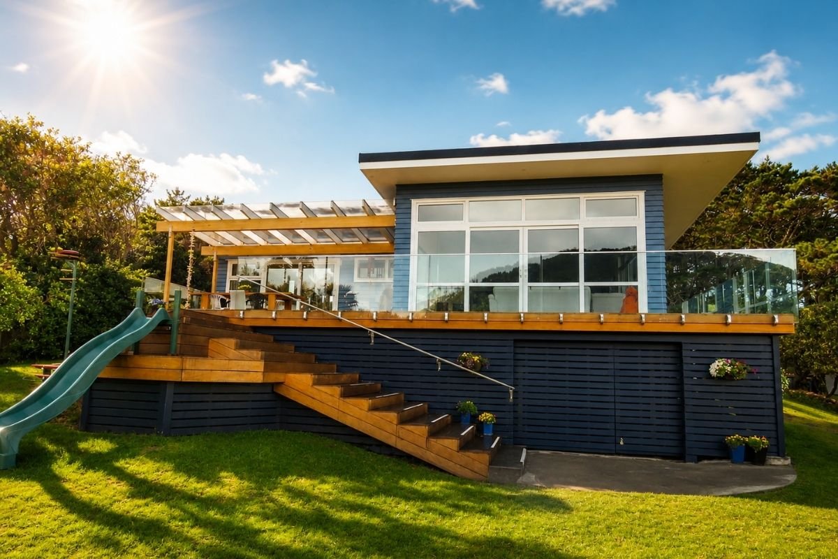 Modern house with large glass windows, wooden stairs leading up to a deck, a slide on the side, and a glass railing, surrounded by green grass and trees under a blue sky.