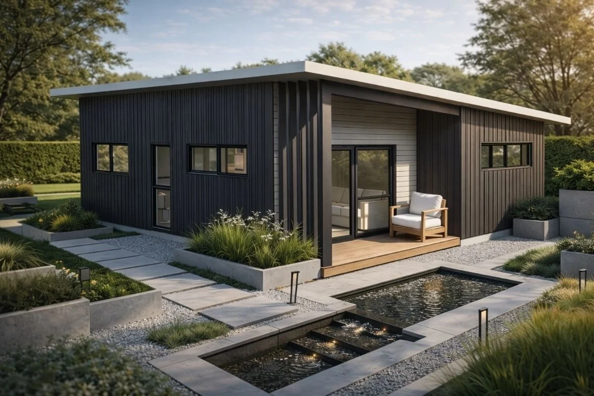 Modern black and white tiny house with outdoor seating area and water feature in a landscaped yard.