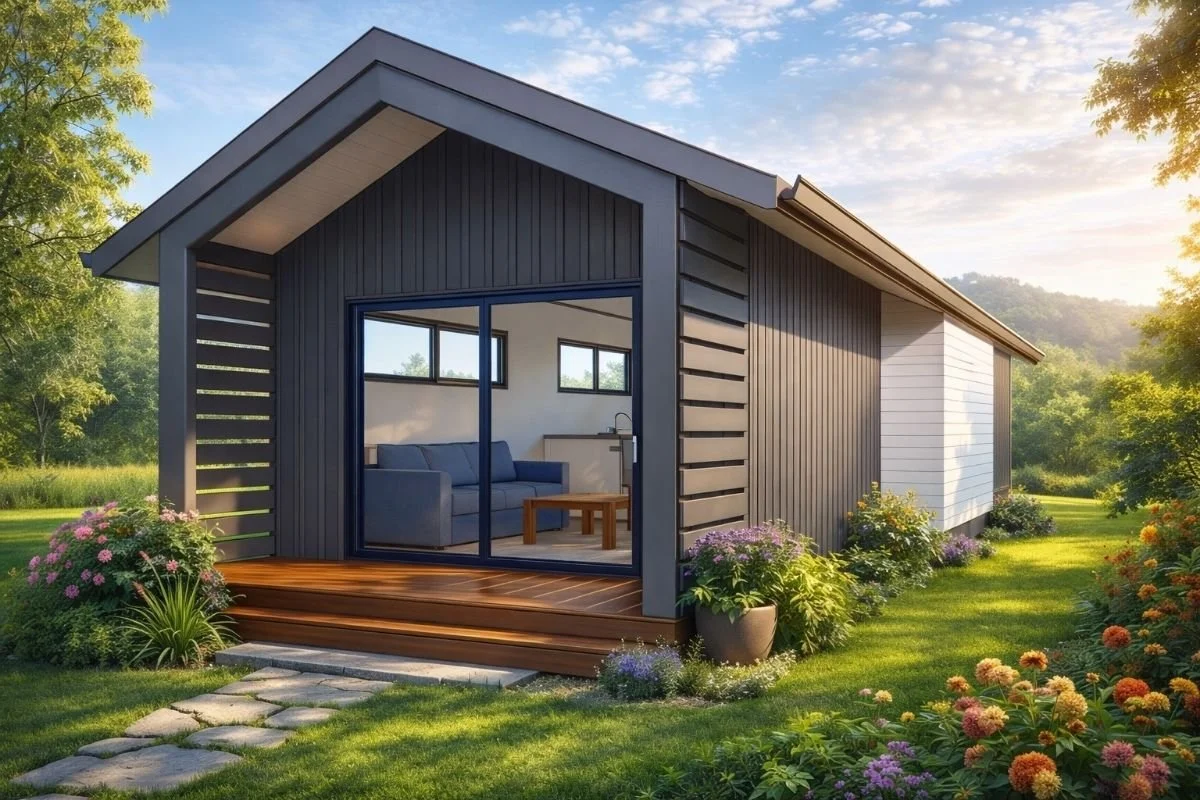 Modern house with dark siding, large sliding glass door, a small front porch, surrounded by lush greenery and colorful flowers, under a partly cloudy sky during sunset.